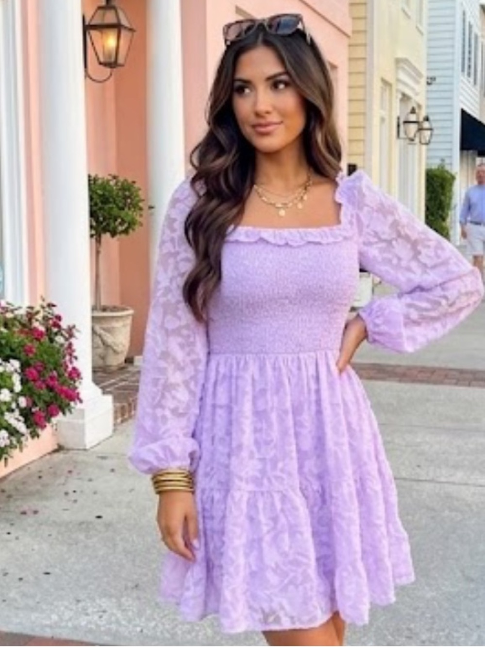 She + Sky Smocked Ruffle Long Sleeve Lilac Lavender Floral Mini Dress in Large